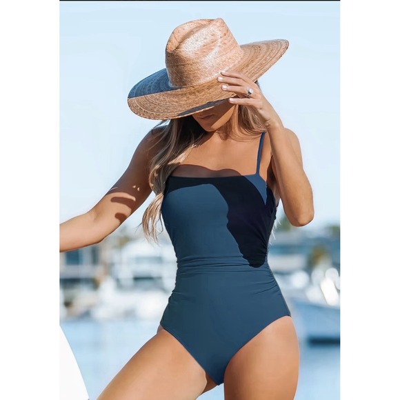 Cupshe Other - CUPSHE Womens XS Dark Blue Sandy Daze One Piece Swimsuit Square Neck Tummy Contr